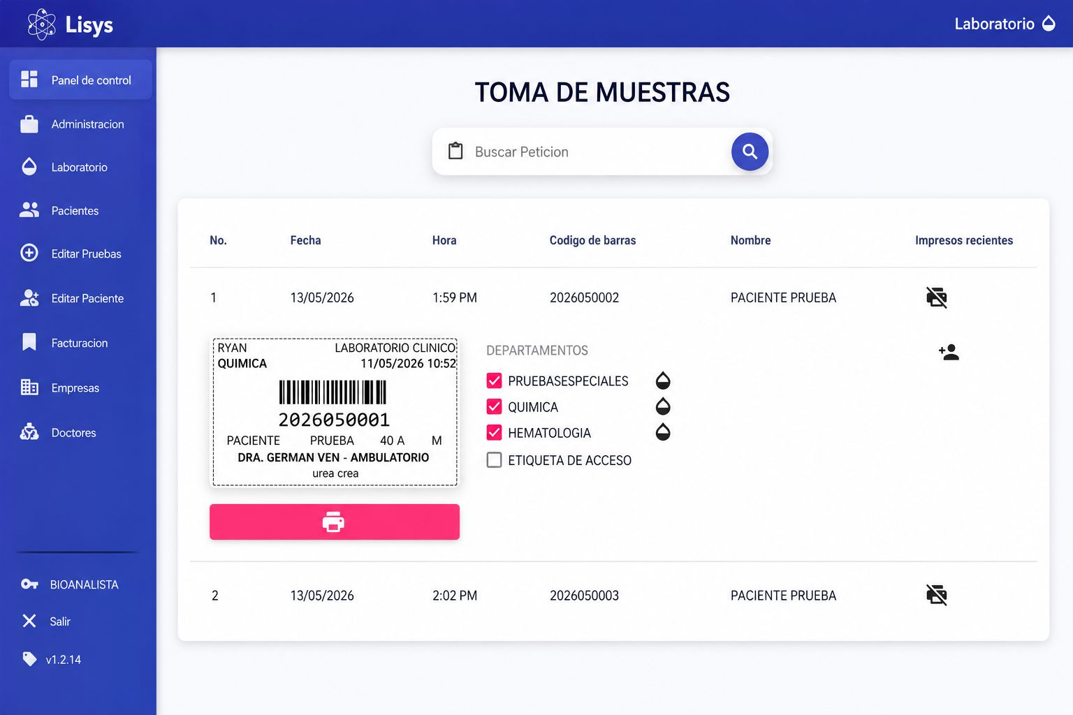 Pantalla de toma de muestras con etiquetas por departamento