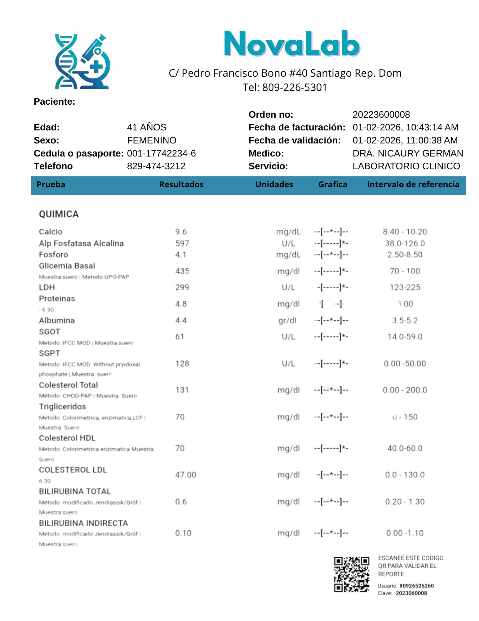 Reporte de resultados de química con identidad del laboratorio y código QR
